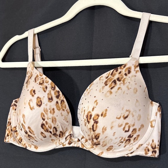 Victoria's Secret Plunge Bra Leopard Print Rhinestone Crystal Beige Brown Sz 34D - Picture 4 of 7